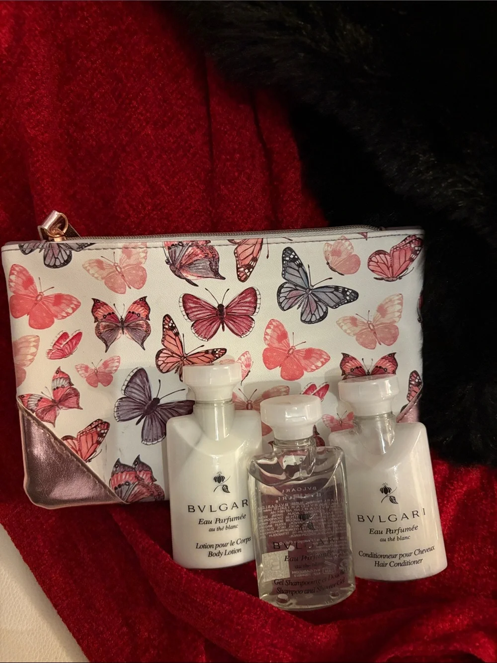 Bulgari White and Clear Travel Bath Set with Pink Butterfly Pouch
